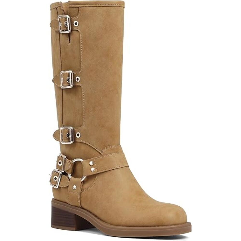 Women's Yellow Pull on Square Toe Wide Calf Buckles Chunky Metallic Casual Boots